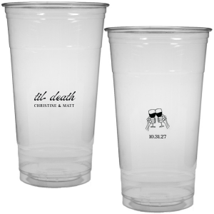 Celebrate Halloween in style with the Til Death Toast Cup. Featuring two skeleton hands cheering, this custom cup is perfect for your ghoulish gathering. Personalize with your name and the date of your event. 