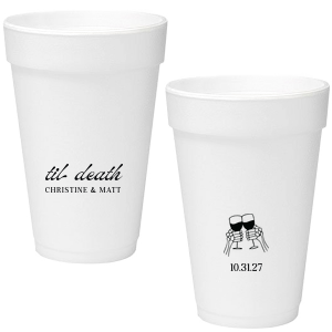 Celebrate Halloween in style with the Til Death Toast Cup. Featuring two skeleton hands cheering, this custom cup is perfect for your ghoulish gathering. Personalize with your name and the date of your event. 
