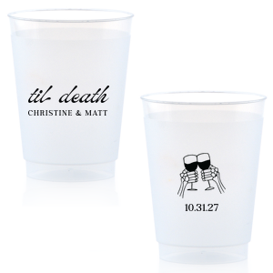 Celebrate Halloween in style with the Til Death Toast Cup. Featuring two skeleton hands cheering, this custom cup is perfect for your ghoulish gathering. Personalize with your name and the date of your event. 