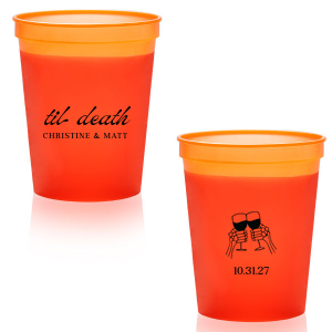 Celebrate Halloween in style with the Til Death Toast Cup. Featuring two skeleton hands cheering, this custom cup is perfect for your ghoulish gathering. Personalize with your name and the date of your event. 