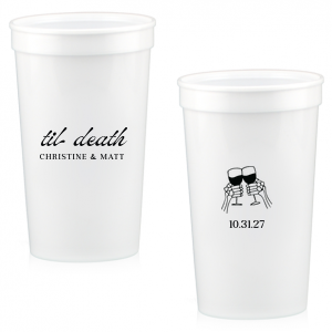 Celebrate Halloween in style with the Til Death Toast Cup. Featuring two skeleton hands cheering, this custom cup is perfect for your ghoulish gathering. Personalize with your name and the date of your event. 