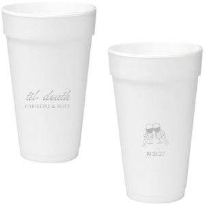 Celebrate Halloween in style with the Til Death Toast Cup. Featuring two skeleton hands cheering, this custom cup is perfect for your ghoulish gathering. Personalize with your name and the date of your event. 