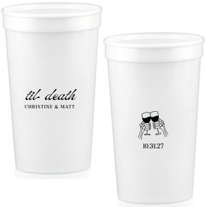 Celebrate Halloween in style with the Til Death Toast Cup. Featuring two skeleton hands cheering, this custom cup is perfect for your ghoulish gathering. Personalize with your name and the date of your event. 