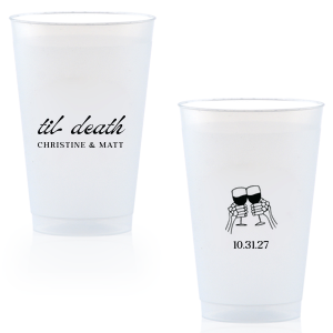 Celebrate Halloween in style with the Til Death Toast Cup. Featuring two skeleton hands cheering, this custom cup is perfect for your ghoulish gathering. Personalize with your name and the date of your event. 