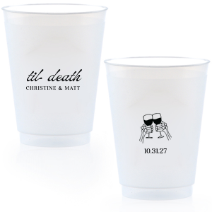 Celebrate Halloween in style with the Til Death Toast Cup. Featuring two skeleton hands cheering, this custom cup is perfect for your ghoulish gathering. Personalize with your name and the date of your event. 