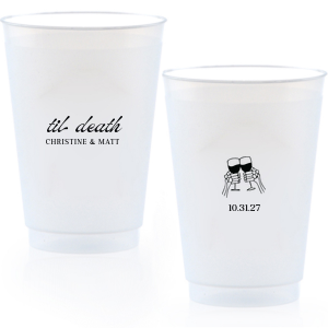Celebrate Halloween in style with the Til Death Toast Cup. Featuring two skeleton hands cheering, this custom cup is perfect for your ghoulish gathering. Personalize with your name and the date of your event. 