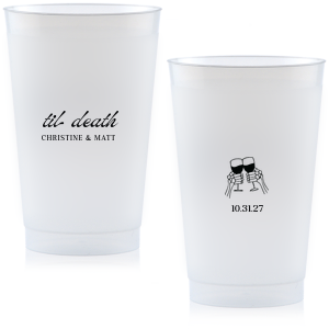 Celebrate Halloween in style with the Til Death Toast Cup. Featuring two skeleton hands cheering, this custom cup is perfect for your ghoulish gathering. Personalize with your name and the date of your event. 