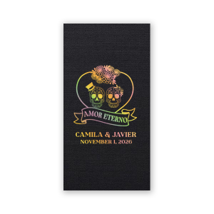 Complete your event with the Amor Eterno Favor. Perfect for weddings, engagements or anniversaries, the floral skull designs in holographic gold foil adds a macabre elegance to your events.