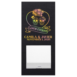 Complete your event with the Amor Eterno Favor. Perfect for weddings, engagements or anniversaries, the floral skull designs in holographic gold foil adds a macabre elegance to your events.