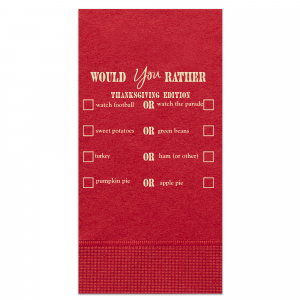 For having a good time this holiday season the choice is clear! Get to know one another better at the dinner table with the Thanksgiving Would You Rather Napkin. The stylish yet functional napkin is highly customizable to perfectly fit your friend group or family gathering. A must-have icebreaker for any and all upcoming celebration events in you life!