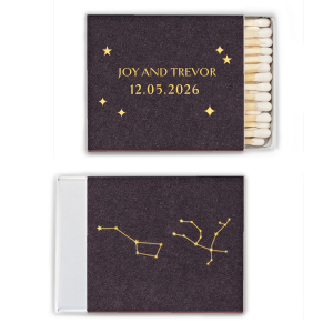 See the stars align with the Written in the Stars Match. Featuring the constellations of Ursa Major and Andromeda as snazzy graphics, this starry matchbook is well suited for Zodiac themed parties, ensuring everyone's horoscopes is set for a good time.