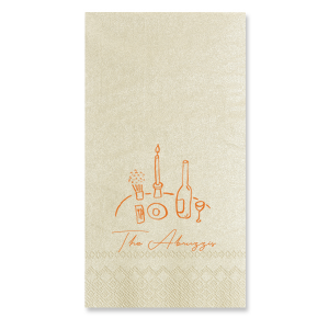 The Food, Family, Friends Napkin is perfect for holiday events and beyond. The quaint dinner graphic alongside the customizable text makes for a bespoke dinner accouterment. Pick out your choice of colors and you're set for an unforgettable time!