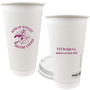 Serve a spooky brew in our Kind Of Witchy Cup. The devilish design features a broom riding witch with customizable text. Sure to make splash at your event or business!