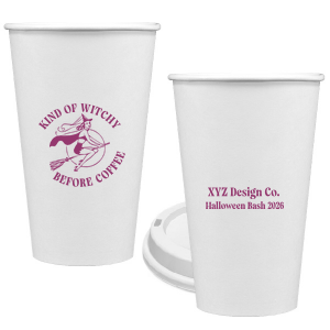 Serve a spooky brew in our Kind Of Witchy Cup. The devilish design features a broom riding witch with customizable text. Sure to make splash at your event or business!