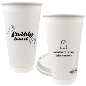 Fill the Freshly Boo'd Cup with the spooky drinks of your choice! Perfect for enjoying coffee while you are passing out Halloween candy or having fun at an office party. It features ghost graphics and a space to personalize with your name. 