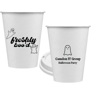 Fill the Freshly Boo'd Cup with the spooky drinks of your choice! Perfect for enjoying coffee while you are passing out Halloween candy or having fun at an office party. It features ghost graphics and a space to personalize with your name. 