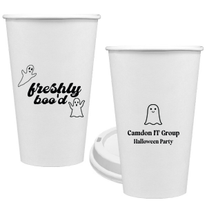 Fill the Freshly Boo'd Cup with the spooky drinks of your choice! Perfect for enjoying coffee while you are passing out Halloween candy or having fun at an office party. It features ghost graphics and a space to personalize with your name. 