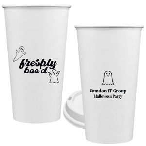 Fill the Freshly Boo'd Cup with the spooky drinks of your choice! Perfect for enjoying coffee while you are passing out Halloween candy or having fun at an office party. It features ghost graphics and a space to personalize with your name. 