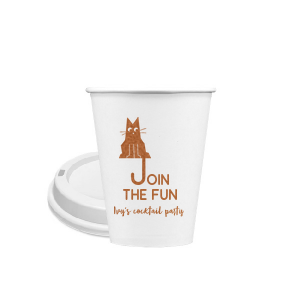 Elevate your home entertaining or birthday bash with the Cat Join the Fun Cup, whimsically illustrated with a cat whose tail creatively forms the letter 'J', helping to spell the phrase "Join the Fun." Below this playful design, add a personal touch by customizing with your name, inviting guests to share in the merriment.