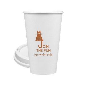 Elevate your home entertaining or birthday bash with the Cat Join the Fun Cup, whimsically illustrated with a cat whose tail creatively forms the letter 'J', helping to spell the phrase "Join the Fun." Below this playful design, add a personal touch by customizing with your name, inviting guests to share in the merriment.