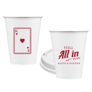 Celebrate lasting love with the Playing Card Still All In Anniversary Cup. One side adorns a hearts playing card graphic, personalized with your initials. The other side is inscribed with "Still All In," alongside the celebratory year and the couple's names, symbolizing a winning hand in marriage.