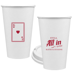 Celebrate lasting love with the Playing Card Still All In Anniversary Cup. One side adorns a hearts playing card graphic, personalized with your initials. The other side is inscribed with "Still All In," alongside the celebratory year and the couple's names, symbolizing a winning hand in marriage.