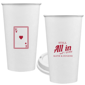 Celebrate lasting love with the Playing Card Still All In Anniversary Cup. One side adorns a hearts playing card graphic, personalized with your initials. The other side is inscribed with "Still All In," alongside the celebratory year and the couple's names, symbolizing a winning hand in marriage.