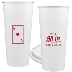 Celebrate lasting love with the Playing Card Still All In Anniversary Cup. One side adorns a hearts playing card graphic, personalized with your initials. The other side is inscribed with "Still All In," alongside the celebratory year and the couple's names, symbolizing a winning hand in marriage.
