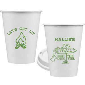 Gather around the bonfire with the Camp Bachelorette Last Trail Cup, featuring a lively campfire graphic paired with the cheeky phrase let's Get Lit, and a trailhead arrow dressed in a veil on the reverse, proclaiming "Last Trail Before the Veil." Customize with the bachelorette's name for a memento that captures the spirit of her final single days in the great outdoors.