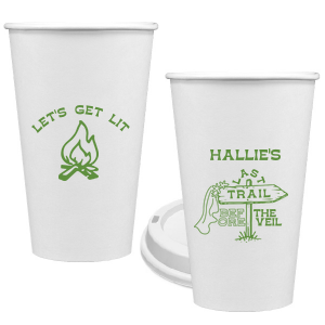 Gather around the bonfire with the Camp Bachelorette Last Trail Cup, featuring a lively campfire graphic paired with the cheeky phrase let's Get Lit, and a trailhead arrow dressed in a veil on the reverse, proclaiming "Last Trail Before the Veil." Customize with the bachelorette's name for a memento that captures the spirit of her final single days in the great outdoors.