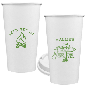 Gather around the bonfire with the Camp Bachelorette Last Trail Cup, featuring a lively campfire graphic paired with the cheeky phrase let's Get Lit, and a trailhead arrow dressed in a veil on the reverse, proclaiming "Last Trail Before the Veil." Customize with the bachelorette's name for a memento that captures the spirit of her final single days in the great outdoors.