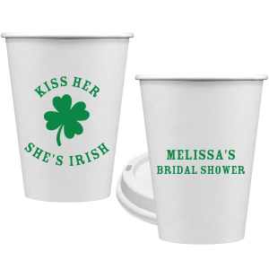 Add a dash of good luck to your event with the Kiss Me I'm Irish Cup! Featuring a dour leaf clover on one side and space to personalize with your name and the event you're celebrating on the other side, this custom cup is perfect for a bridal shower or entertaining at home. 