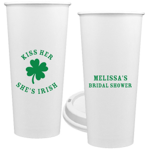 Add a dash of good luck to your event with the Kiss Me I'm Irish Cup! Featuring a dour leaf clover on one side and space to personalize with your name and the event you're celebrating on the other side, this custom cup is perfect for a bridal shower or entertaining at home. 