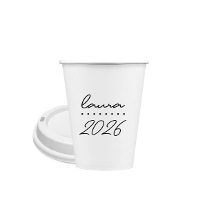 Add a personalized touch to your celebratory drinks with the Graduation Soiree Dotted Line Cup. The elegantly inscribed text is customizable with the grad's name and year of graduation in a sleek script font. A modern and stylish detail for sipping in honor at any classic graduation gathering.