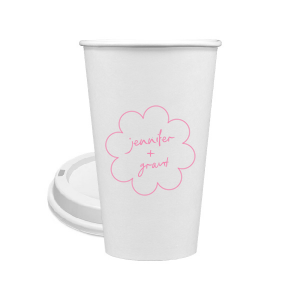 Sip in style at your whimsical wedding with the Kitschy Cocktail Hour Floral Frame Cup. Personalize this charming vessel with the couple's names, elegantly scripted within a blooming flower-shaped frame. A modern and enchanting choice for your celebratory toasts.