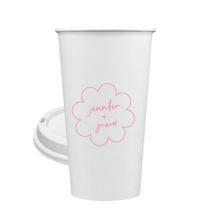 Sip in style at your whimsical wedding with the Kitschy Cocktail Hour Floral Frame Cup. Personalize this charming vessel with the couple's names, elegantly scripted within a blooming flower-shaped frame. A modern and enchanting choice for your celebratory toasts.