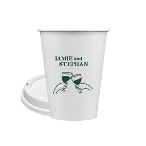 Toast to togetherness with the Cheers to Love Line Art Cup, custom-crafted with the couple's names above a minimalist line drawing of two hands clinking wine glasses. An elegant symbol of celebration for your wedding day.