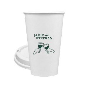 Toast to togetherness with the Cheers to Love Line Art Cup, custom-crafted with the couple's names above a minimalist line drawing of two hands clinking wine glasses. An elegant symbol of celebration for your wedding day.