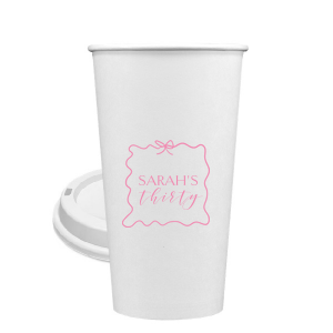 Sip in style at your birthday bash with the Ribbon Frame Birthday Bash Cup, elegantly framed like a ribbon and bow, featuring your name and new age in a whimsical script. A festive and personalized touch to celebrate another fabulous year.