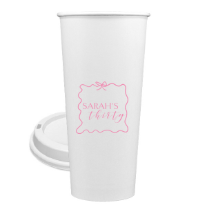Sip in style at your birthday bash with the Ribbon Frame Birthday Bash Cup, elegantly framed like a ribbon and bow, featuring your name and new age in a whimsical script. A festive and personalized touch to celebrate another fabulous year.