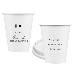 ForYourParty's personalized Matte Black Ink 12 oz Paper Hot Cup with Lid with Matte Black Ink Cup Ink Colors has a Place Setting graphic and is good for use in Food themed parties and will add that special attention to detail that cannot be overlooked.