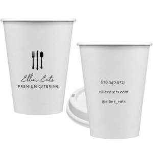 ForYourParty's personalized Matte Black Ink 12 oz Paper Hot Cup with Lid with Matte Black Ink Cup Ink Colors has a Place Setting graphic and is good for use in Food themed parties and will add that special attention to detail that cannot be overlooked.
