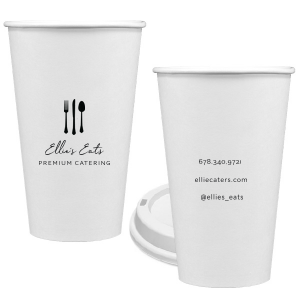 ForYourParty's personalized Matte Black Ink 12 oz Paper Hot Cup with Lid with Matte Black Ink Cup Ink Colors has a Place Setting graphic and is good for use in Food themed parties and will add that special attention to detail that cannot be overlooked.