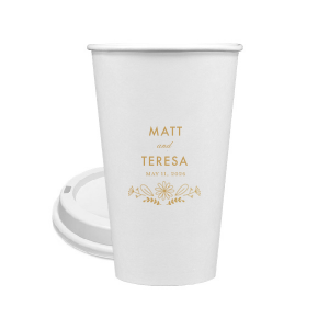 Personalized Gold Ink 8 oz Paper Coffee Cup with Lid with Gold Ink Cup Ink Colors has a Sunflower Bouquet Centerpiece graphic and is good for use in Lovely Press themed parties and will add that special attention to detail that cannot be overlooked.