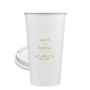 Personalized Gold Ink 8 oz Paper Coffee Cup with Lid with Gold Ink Cup Ink Colors has a Sunflower Bouquet Centerpiece graphic and is good for use in Lovely Press themed parties and will add that special attention to detail that cannot be overlooked.