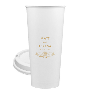 Personalized Gold Ink 8 oz Paper Coffee Cup with Lid with Gold Ink Cup Ink Colors has a Sunflower Bouquet Centerpiece graphic and is good for use in Lovely Press themed parties and will add that special attention to detail that cannot be overlooked.