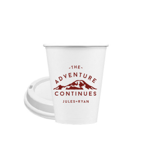 Custom Matte Eggplant Ink 8 oz Paper Coffee Cup with Lid with Matte Eggplant Ink Cup Ink Colors has a Mountain graphic and is good for use in Travel, Outdoors, Sports themed parties and will impress guests like no other. Make this party unforgettable.