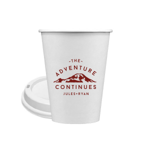 Custom Matte Eggplant Ink 8 oz Paper Coffee Cup with Lid with Matte Eggplant Ink Cup Ink Colors has a Mountain graphic and is good for use in Travel, Outdoors, Sports themed parties and will impress guests like no other. Make this party unforgettable.