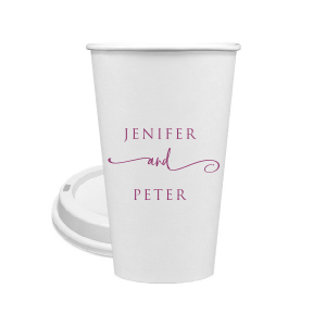 The Swirl Script Duo Cup design combines simplicity with a dash of flair. The couple's names are elegantly stacked, connected by a playful, elongated 'and' in swirling lowercase script. This design adds a touch of whimsy to a classic, understated style.