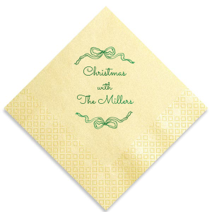 The elegant Holiday Bows Napkins are a classy addition to your holiday gatherings. Featuring gorgeous bows wrapped around customized text, you can personalize your special seasonal dinnerware for almost any holiday event.